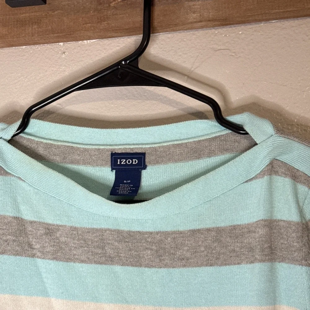 IZOD Sweater Striped Women's Small Blue White Mint Roll Tab Sleeve Nautical‎